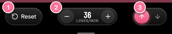 The control bar: Reset (1), slower and faster with the speed in lines per minute (2), and the up and down arrows (3).