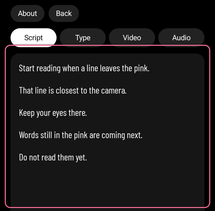 Settings, Script tab: the text field where you write or paste your script.